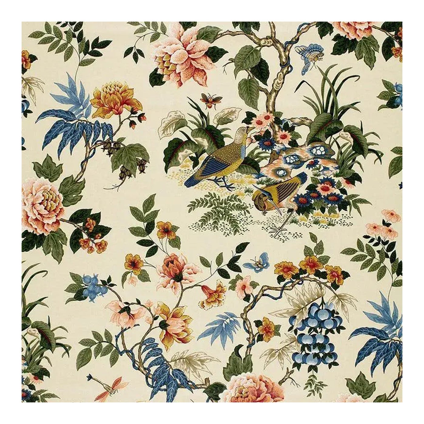 Schumacher Fabric Cotton Chintz Anshun in Paprika & Blue | Chairish