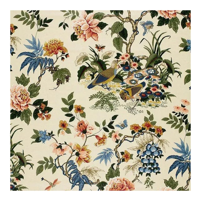 Schumacher Fabric Cotton Chintz Anshun in Paprika & Blue For Sale