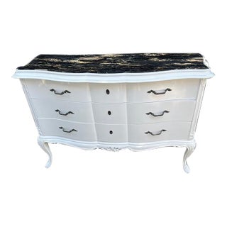 1970s Large Marble Top White Lacquer French Style Commode. For Sale