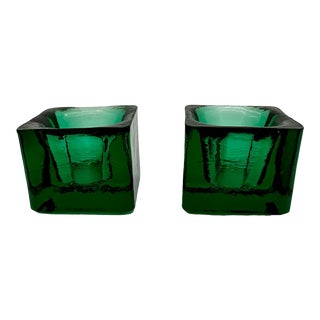 Vintage Emerald Green Ice Cubes Glass Votive Candle Holder Set of 2 For Sale