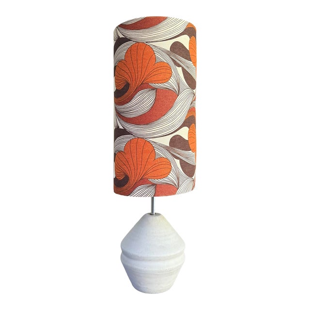 Vintage Modernist Ceramic Gourd Table Lamp With Burnt Orange Graphic Cylinder Shade For Sale