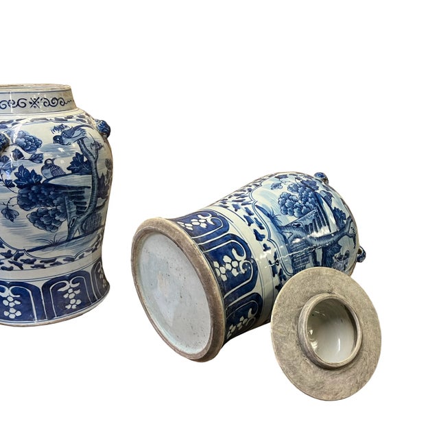 Pair of Chinese Blue White Porcelain Flower Bird Graphic Temple Jars For Sale - Image 4 of 5