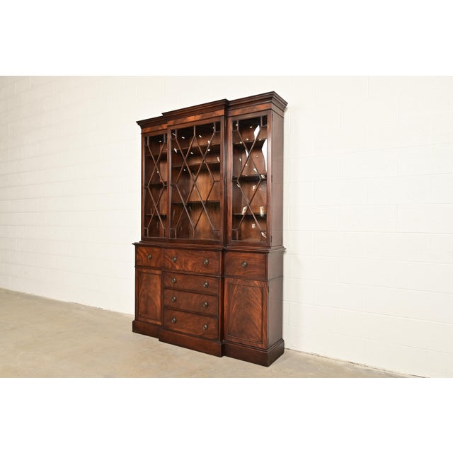 English Baker Furniture Georgian Flame Mahogany Bubble Glass Breakfront Bookcase Cabinet With Drop Front Secretary Desk, Circa 1940s For Sale - Image 3 of 14