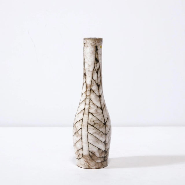 Mid-Century Modernist White and Earth Toned Tapered Ceramic Vase With Leaf Motif For Sale - Image 4 of 13