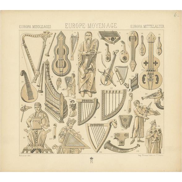 Racinet, European Middle Ages Music Objects, 1880, Paper For Sale