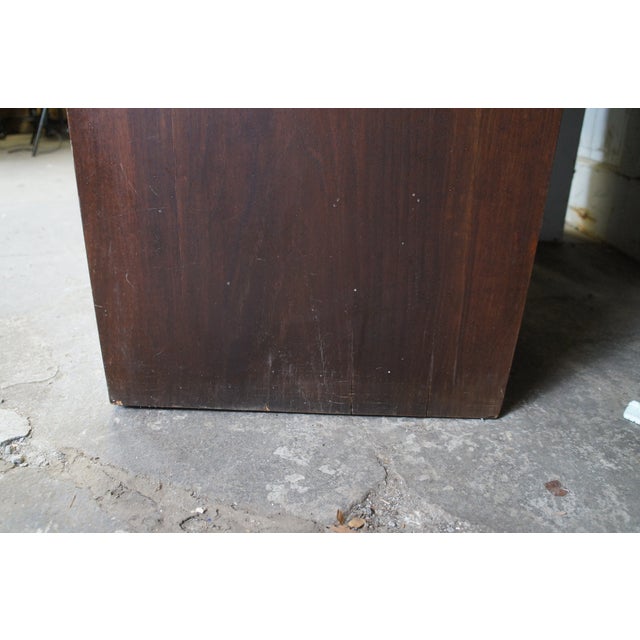 1940s Mid Century Walnut Burl Carved Library Bookcase Bookshelf Cabinet Drawers 58" For Sale - Image 11 of 14