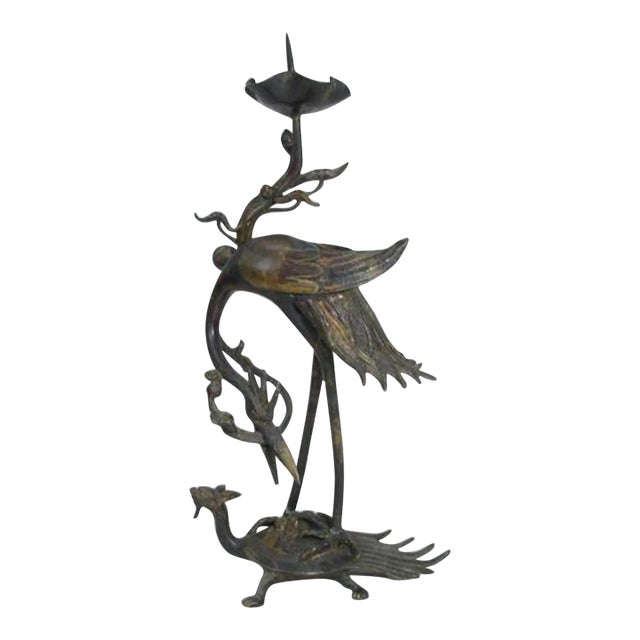 Meiji Early 20th Century Japanese Shokudai Bronze Candlestick Antique Metal Crane Bird Tortoise Animal Lotus For Sale