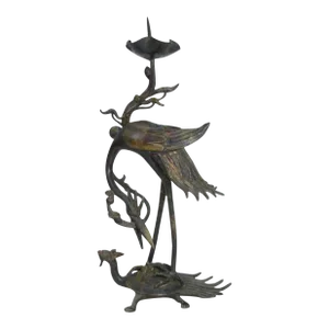 Meiji Early 20th Century Japanese Shokudai Bronze Candlestick Antique Metal Crane Bird Tortoise Animal Lotus