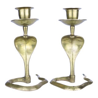 1960s Solid Brass Cobra Snake Candlestick Holders- Set of 2 For Sale
