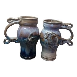 Gorgeous Pair of Signed Alan Miner Glazed Stoneware Large Mugs For Sale
