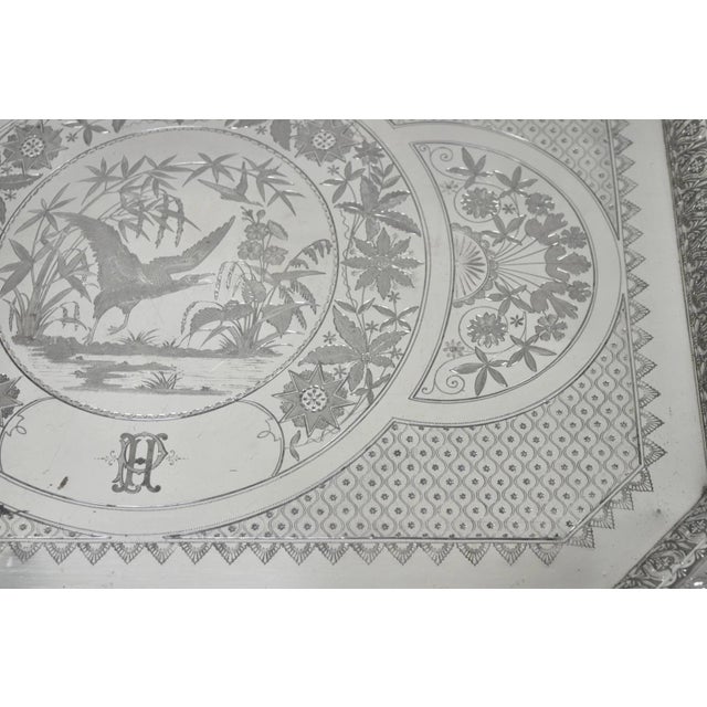 Antique Rogers Smith & Co Art Nouveau Large Silver Plated Crane Bird Etched Tray For Sale - Image 15 of 18