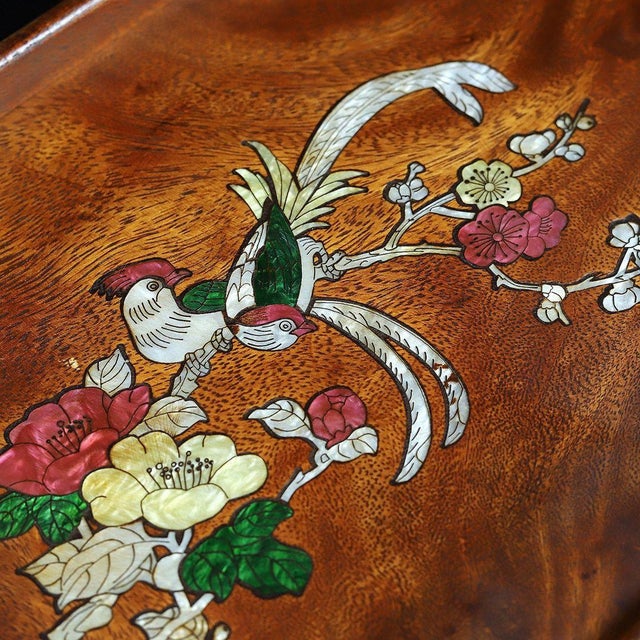 Shell Vintage Chinese Rosewood Tray With Mother of Pearl Bird & Flower Inlay For Sale - Image 7 of 9