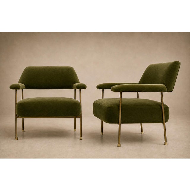 Brazilian Modern Pair of Armchairs in Aged Brass & Olive Green Mohair by Joaquim Tenreiro, 1950s For Sale - Image 15 of 17
