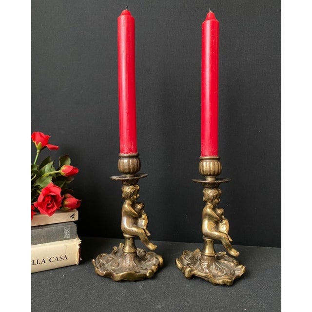 Gold Antique Candlesticks with Putti, 1950s, Set of 2 For Sale - Image 8 of 8