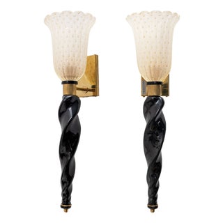 Italian Murano Glass Wall Sconces with Gold Dust Inclusions and Brass, 2000s, Set of 2 For Sale