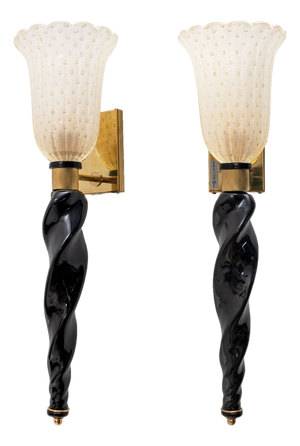 Italian Murano Glass Wall Sconces with Gold Dust Inclusions and Brass, 2000s, Set of 2