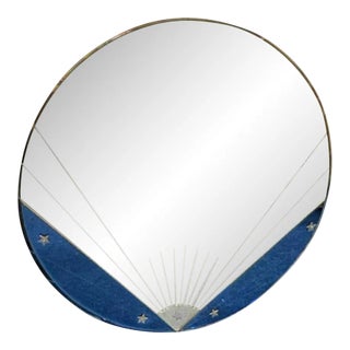 1930s Art Deco Clear & Blue Round Mirror With Star Accents For Sale