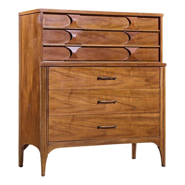 Kent Coffey Perspecta Mid Century Walnut and Rosewood 5 Drawer Highboy Dresser For Sale