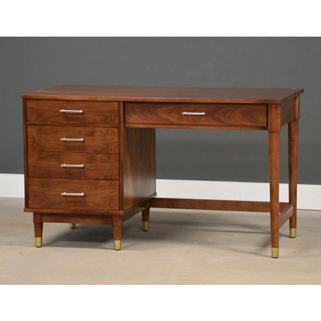 A mid century modern walnut desk with a single bank and finished back by Drexel Biscayne. Made in USA. Circa 1960’s....