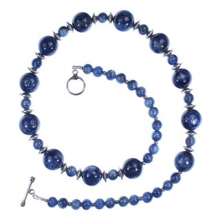 Ajd 25 Inch Chatoyant Blue Kyanite Necklace With Silvery Accents For Sale