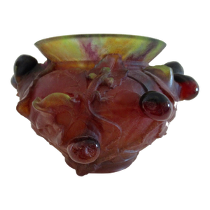 Daum France Amber Aubergine Red & Chartreuse Lizard and Apple/Plums, Oak Leaf Emblazoned,
