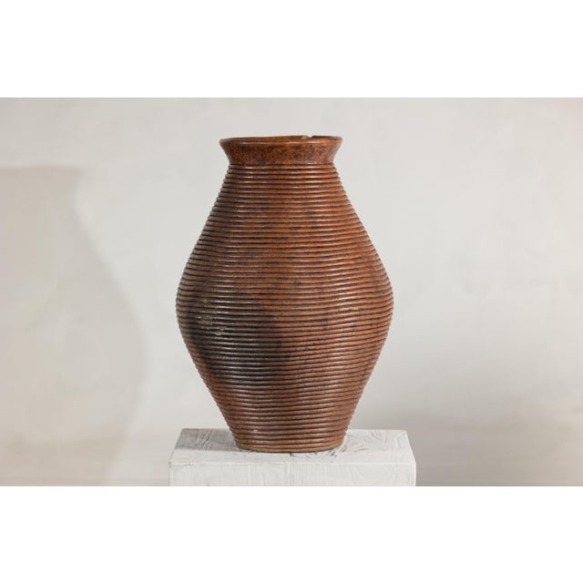 Ribbed Vintage Pottery Vase With Burnished Surface For Sale - Image 11 of 18