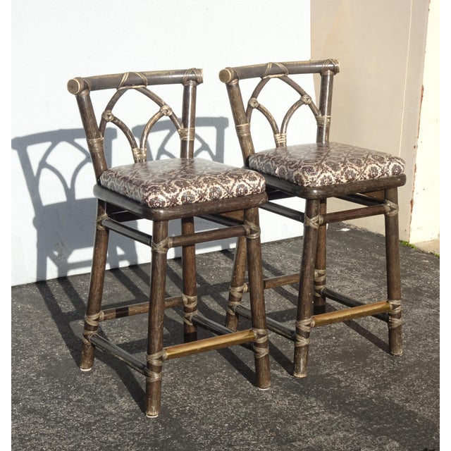 McGuire Pair of Vintage McGuire Barstools Bar Stools W Leather Straps and Brass Footrest For Sale - Image 4 of 18
