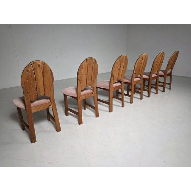 Pink Velvet and Pine Dining Chairs, Sweden, 1970s, Set of 6 For Sale - Image 4 of 8