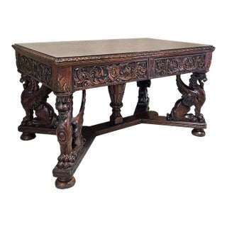 Antique Library Table Carved Renaissance Revival Style For Sale