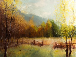 The Next Stage of Your Journey by Christopher Clark | Oil Painting of a serene landscape with trees and a fence