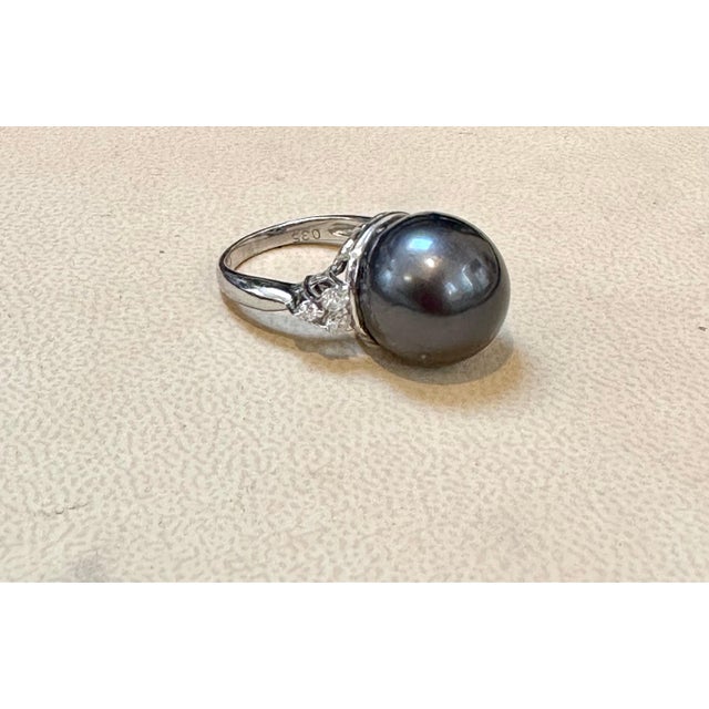 15MM Round Black Tahitian Pearl & Diamond Platinum Ring Size 5.5 For Sale - Image 17 of 18