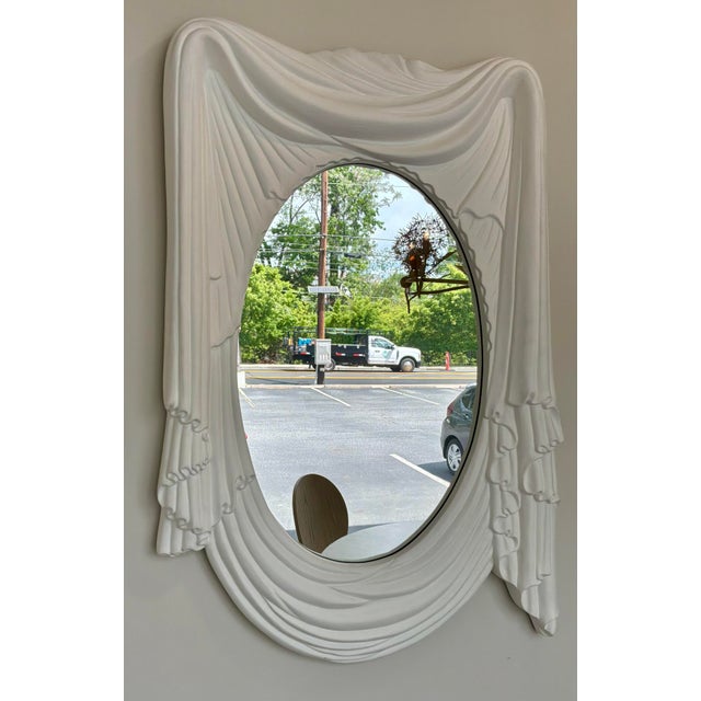 Hollywood Regency Revelation Modern Hollywood Regency Style White Swag Wall Mirror For Sale - Image 3 of 4