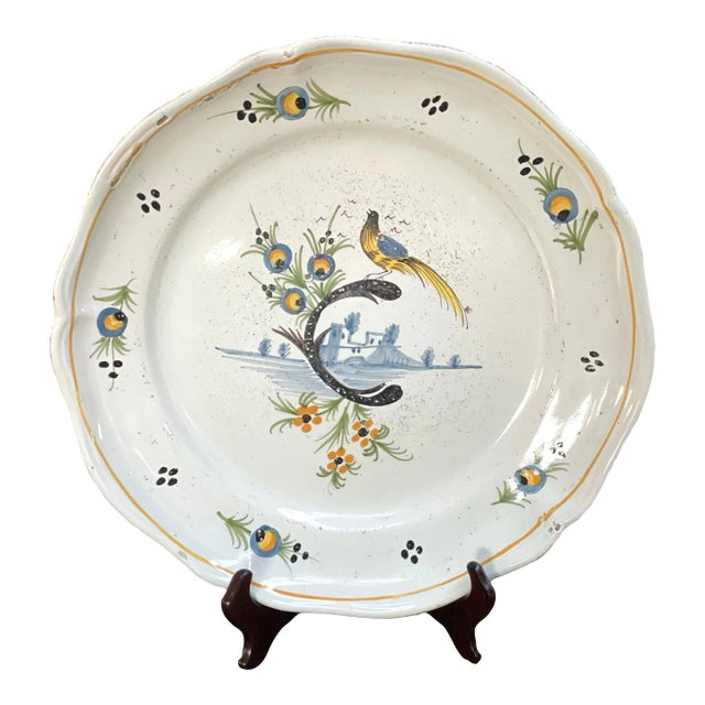 18th Century Antique French Faience Nevers Bird Plate Charger For Sale