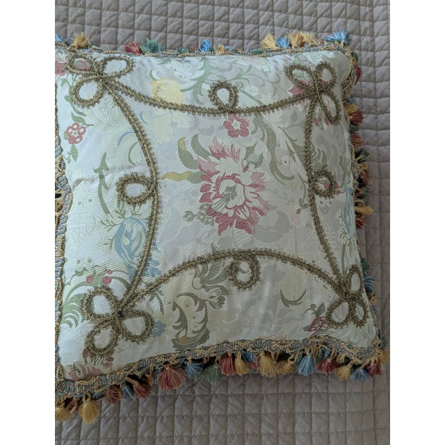 Custom Scalamandre Silk Floral Throw Pillows With Cord Work and Tassel Fringe For Sale - Image 11 of 13