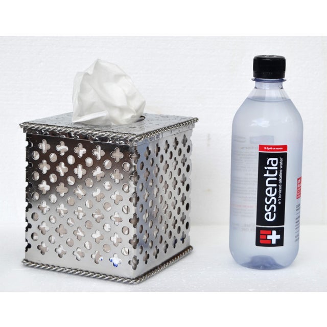 1980s Bohemian Handmade Embellished Cutout Steel Tissue Box Cover For Sale - Image 14 of 16