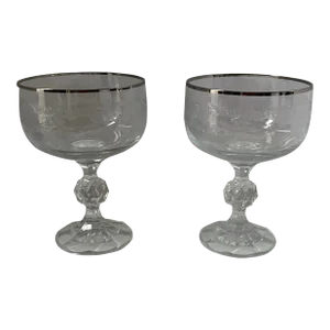 Vintage Etched Crystal Champagne Coupes With Platinum Rim, Faceted Stem Barware – Set of 2