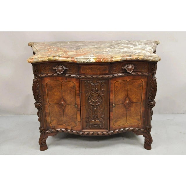 Antique French Louis XV Baroque Burl Walnut Marble Top Commode 5 Drawer Dresser For Sale - Image 16 of 16