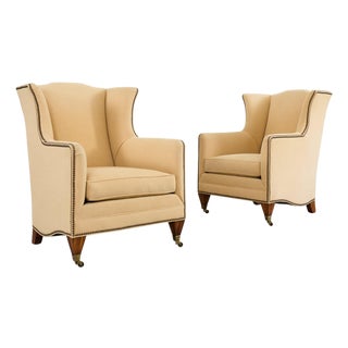 Pair of Henredon Butter Upholstered Wingback Club Chairs For Sale