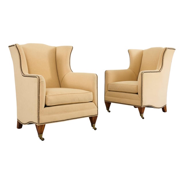 Pair of Henredon Butter Upholstered Wingback Club Chairs For Sale