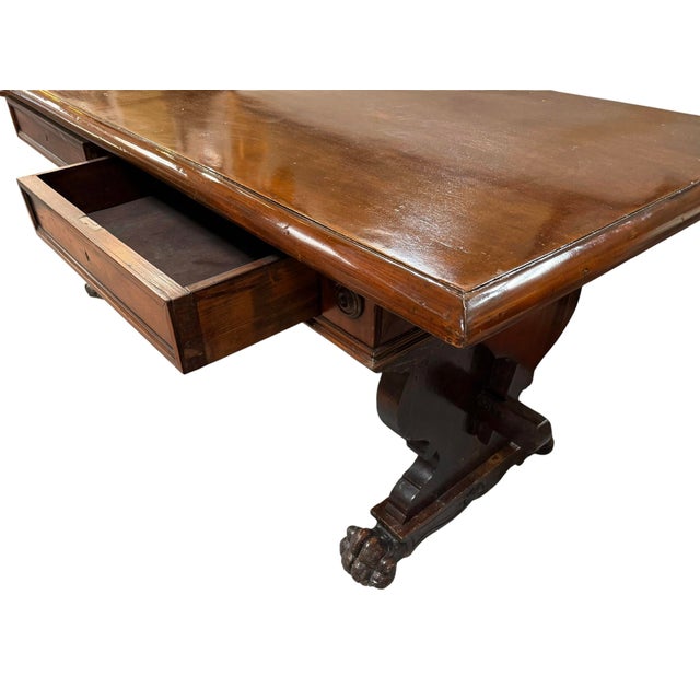19th Century Antique Italian Carved Walnut Trestle Library Dining or Writing Table - Paw Feet For Sale - Image 5 of 15