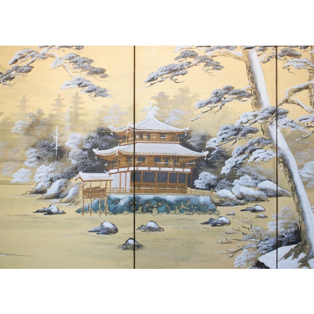 1960s "Winter Landscape With Temple", Showa Era Japanese Silk Byobu Screen For Sale - Image 4 of 18