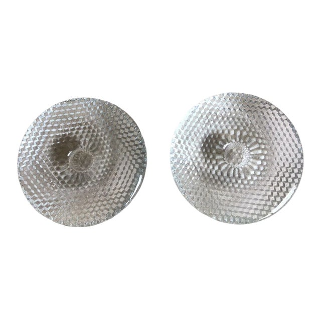Vintage Mid Century Modern Finish Clear Glass Abstract Disc Candle Holders- a Pair For Sale
