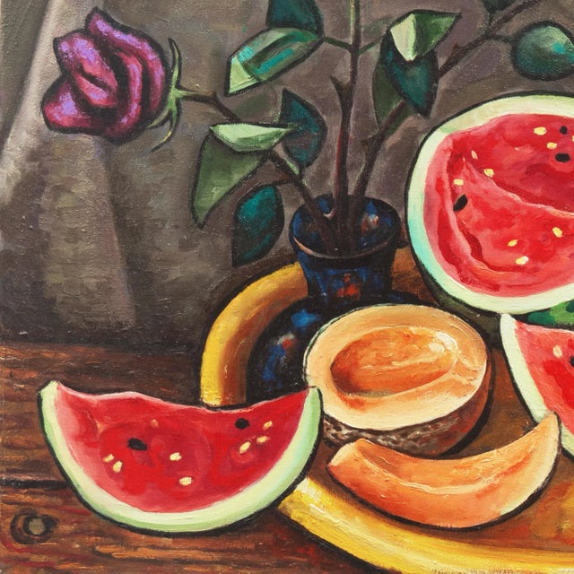 1990s 'Still Life of Roses With Fruit', Art Deco Style, Modernist Oil For Sale - Image 5 of 6
