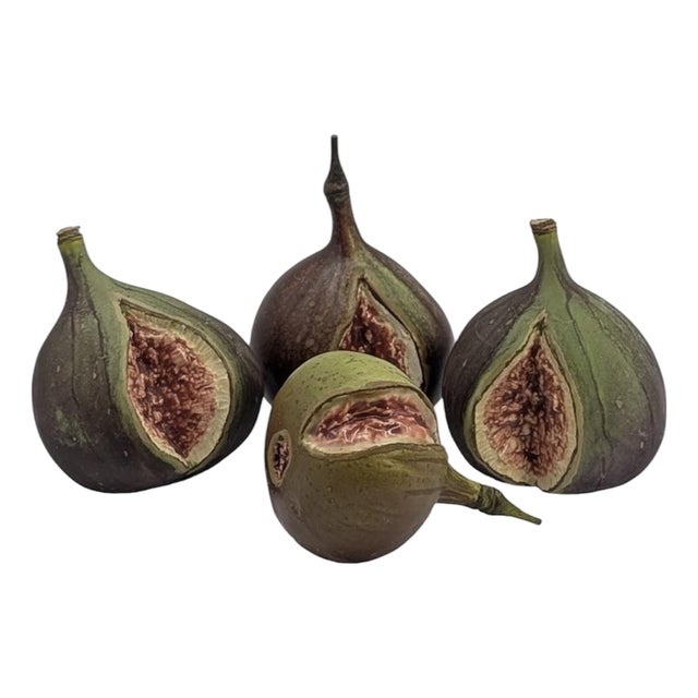 Vintage English Penkridge Ceramics Trompe l'Oeil Purple & Green Split Fig Fruit Life / Full Size Figure Objects, a Set of Four For Sale