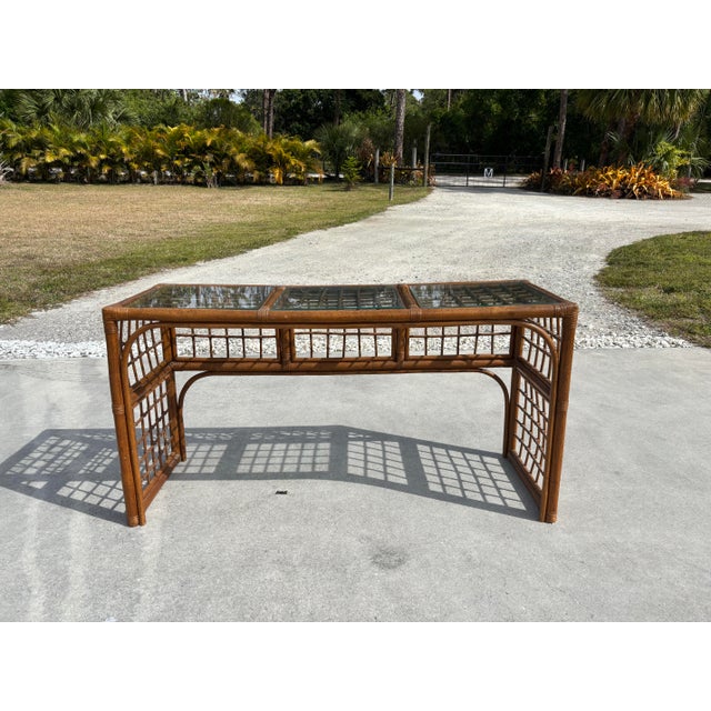 1970s 1970s Boho Chic Brown Lattice Rattan Rectangular Sofa Console Table With Glass Top For Sale - Image 5 of 12