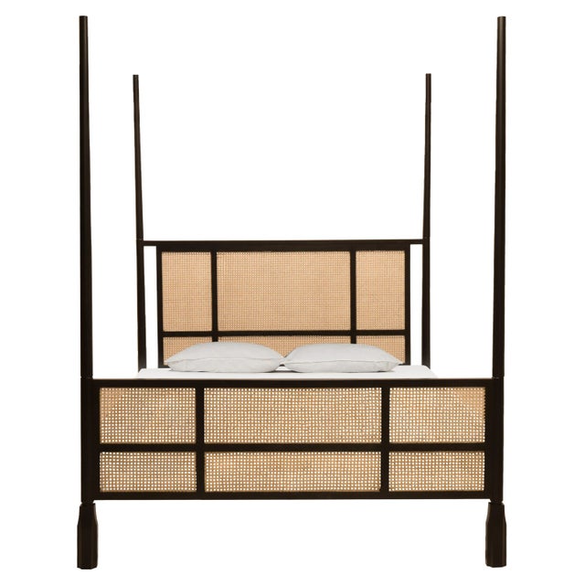 Mid-Century Modern Stockholm Wood & Cane Queen Bed in Black For Sale - Image 3 of 5