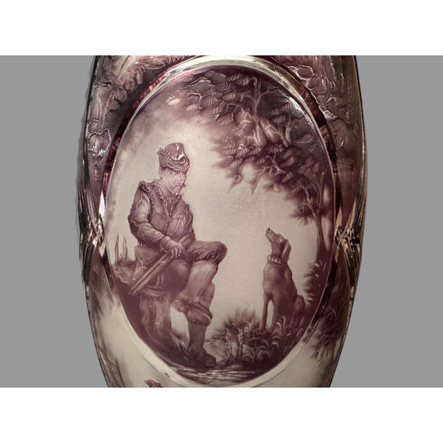 Mid 20th Century Dresden Amethyst Cut to Clear Art Glass Vase With Landscape Hunting Scene For Sale - Image 6 of 11