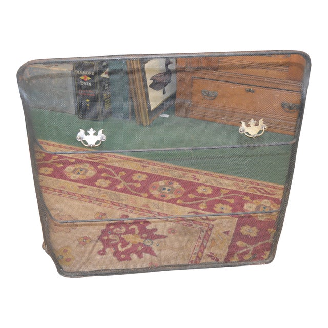 Vintage Black Metal Mesh & Iron Curved Front Fireplace Screen W/Brass Handles For Sale