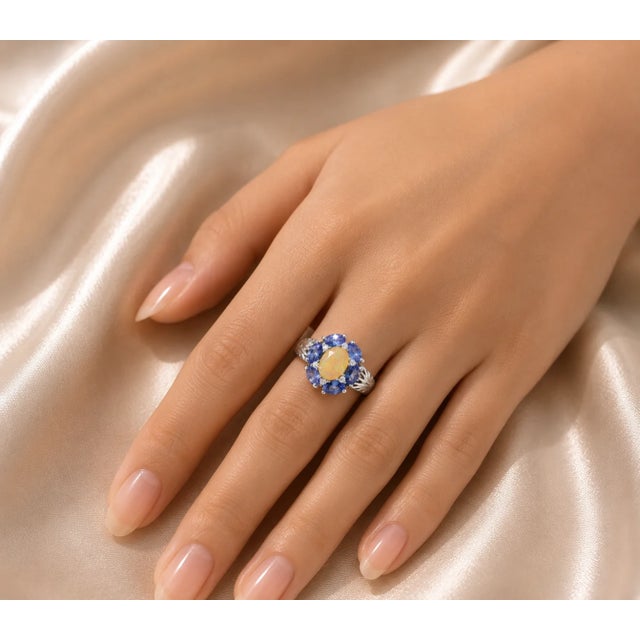 Traditional Late 20th Century 14K White Gold Diamond Tanzanite Opal Filigree Ring, Size 7 For Sale - Image 3 of 3