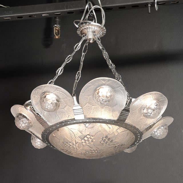 1930s Art Deco Frosted Glass Chandelier With Stylized Cubist Floral Motif For Sale - Image 18 of 18